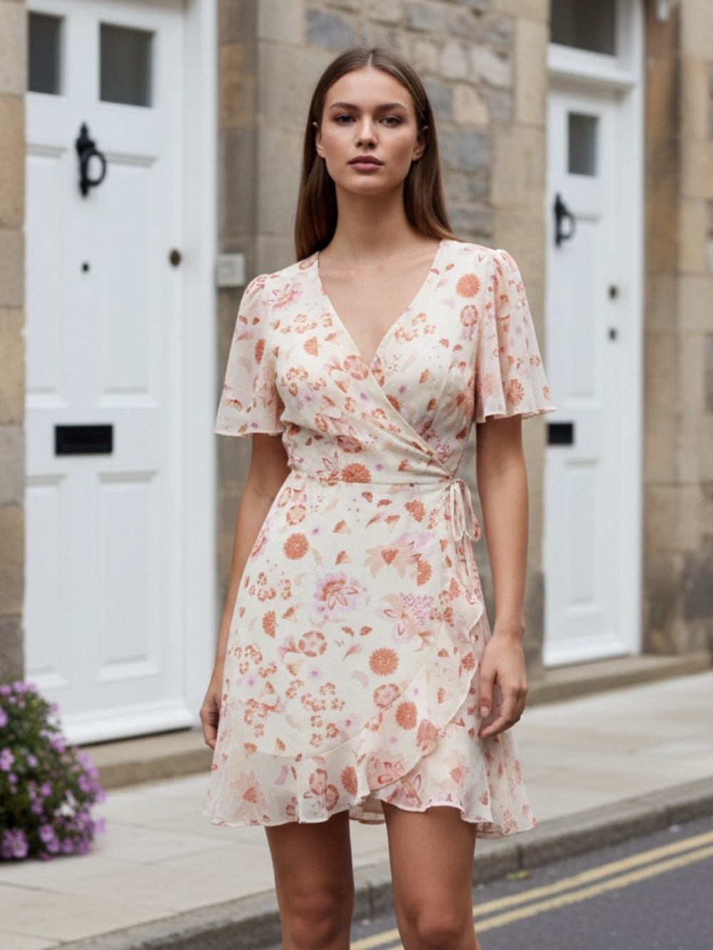 LUSH Beautiful & Romantic Floral Peach Wrap Mini Dress